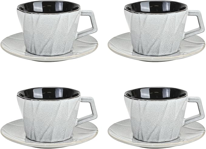 Ceramic Espresso Cups with Saucers 6 oz,Coffe Cups for Cappuccino,Latte,Tea with Saucers Set of 4 - Geometry - Gray