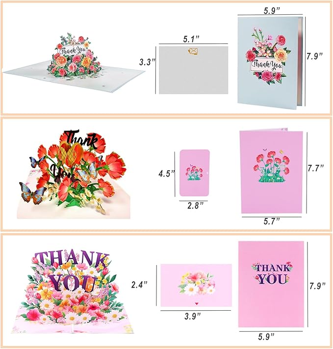 3-Pack Floral 3D Pop Up Thank You Cards for Women Mom Dad Men, Greeting Cards for Nurses Teachers - Flower Bouquets