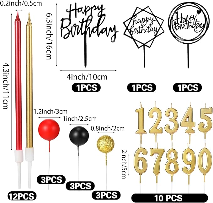 Yerliker 34 Pcs Happy Birthday Cake Toppers Decorations Birthday Candles DIY Cake Decor for Men Women Wedding Anniversary(Black Red Gold)