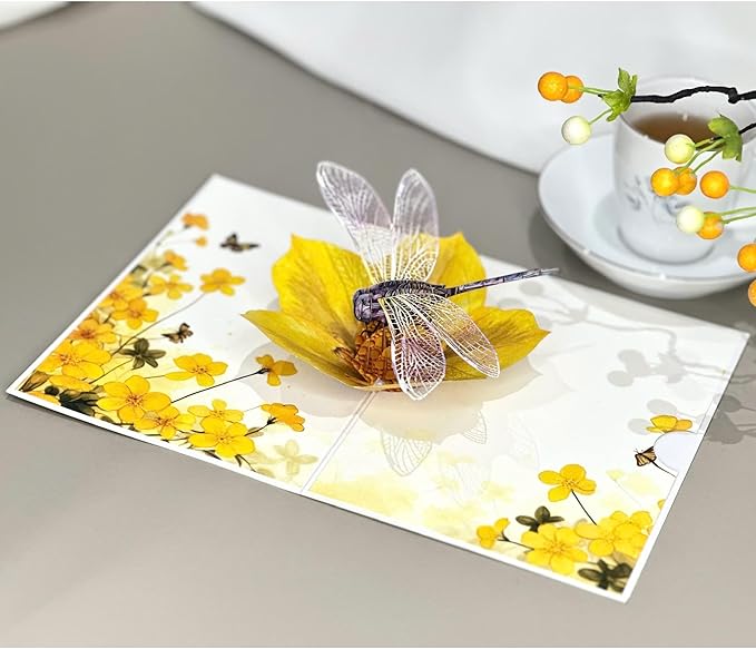 Birthday Card for Mom, 3D Dragonfly Pop-Up Card with Daisies and Butterflies, 3D Birthday Cards for Women, Sympathy and All Occasions, Unique Dragonfly Gift for Mom, Wife, Sister, Grandma, Daughter, Girlfriend, Includes Envelope & Note Tag