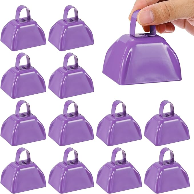 PATIKIL 16pcs Cow Bells for Football Games, 3inch Cowbells for Sporting Events Bulk Loud Noise Makers Metal Cow Bell with Handle for Cheering Competition Marathon Wedding, Purple