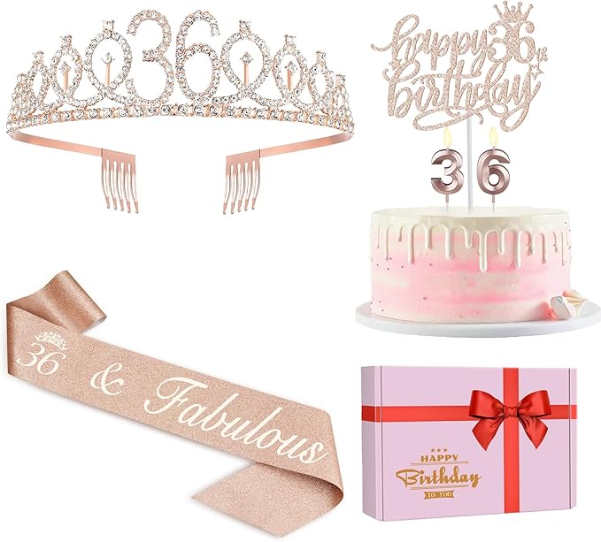 36th Birthday Decorations for Women Including Birthday Sash, Tiara/Crown, Numeral Candles and Cake Topper, Gifts for 36 Year Old Woman, Rosegold Party Decor and Supplies