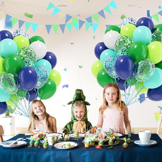 60pcs Blue and Green Balloons 12inch, Navy Blue Lime Green Teal White Confetti Balloons for Dinosaur Baby Shower Birthday Party Decorations