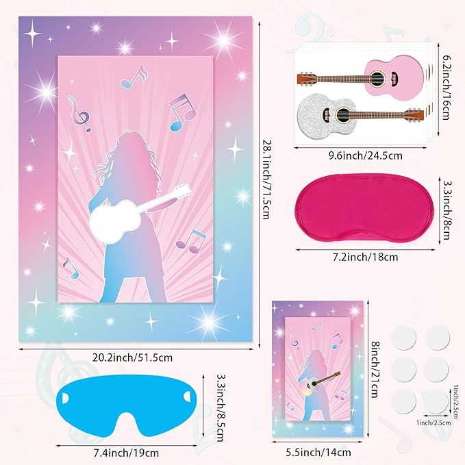 Hooqict Pin The Guitar on The Music Super Star Party Games for Kids Music Birthday Party Decorations Pink Girls Party Favors Supplies, Large Pin The Games Poster with 32 Guitar Stickers