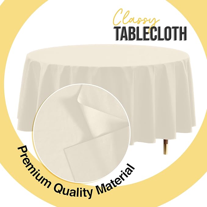 Exquisite 66% Thicker Premium Ivory Round Tablecloth 0.5 Mil 12 Pack Plastic Table Cloth Disposable 84 Inch Round Plastic Tablecloth Won't Tear Easily Like Cheap Thin Brands
