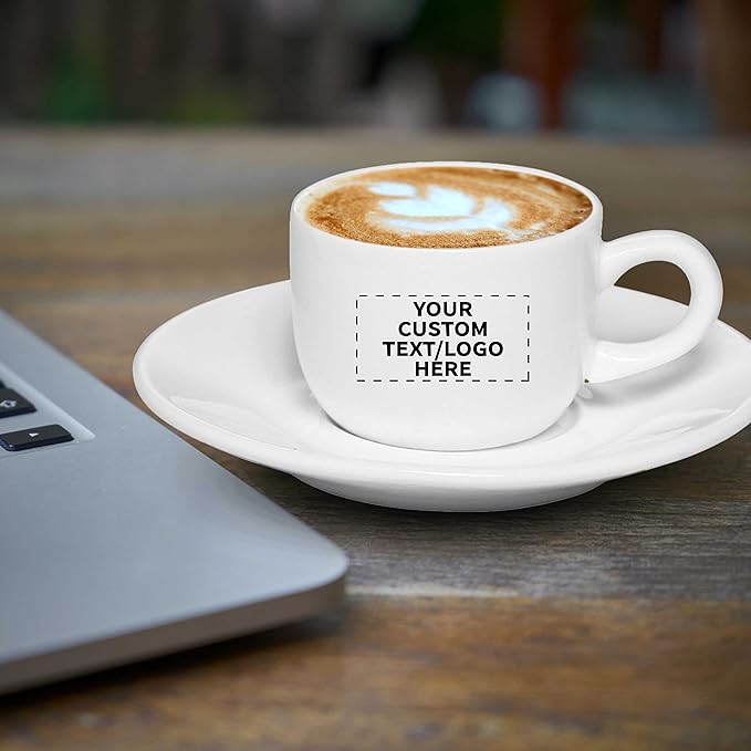 Custom Porcelain Espresso Cups with Saucer 2.5 oz. Set of 100, Personalized Bulk Pack - Perfect for Coffee, Tea, Espresso, Hot Cocoa, Other Beverages - White