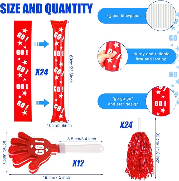 Hungdao 60 Pcs Noise Makers Homecoming Football Favors Include 24 Thunder Sticks Cheer Sticks 12 Hand Clapper 24 Cheerleading Pom Poms for Sporting Events Pep Rally Supplies(Red)
