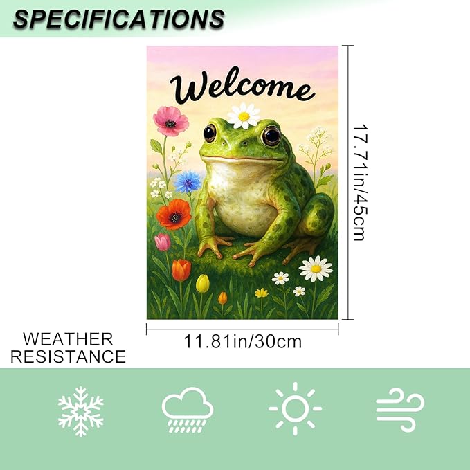 IVN Spring Garden Flag 12x18 Inch Double Sided Frog and Wildflower Meadow Scene Outdoor Yard Flag for Outside Front Door Lawn Porch Patio Welcome Decor