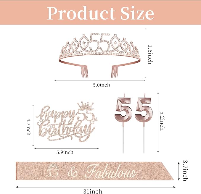 55 Birthday Decorations for Women Including Sash, Tiara, Numeral Candles and Cake Topper, 55th Birthday Gifts for Women, Rose Gold Party Favor Supplies