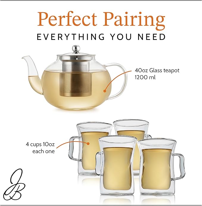 James Bentley Glass Coffee and Tea Set – Borosilicate Glass Teapot Set for Adults with 40oz Teapot & 4 Insulated Glasses, Stainless Steel Strainer for Bags and Loose Tea– Microwave, Dishwasher Safe
