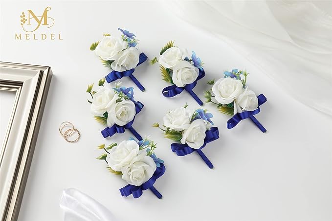 Meldel Blue Boutonniere for Men Wedding, Set of 6, Groom and Best Man Groomsmen Boutonniere Corsage for Prom Wedding Ceremony Anniversary, Homecoming, Formal Party and Rustic Fall Wedding Marriage