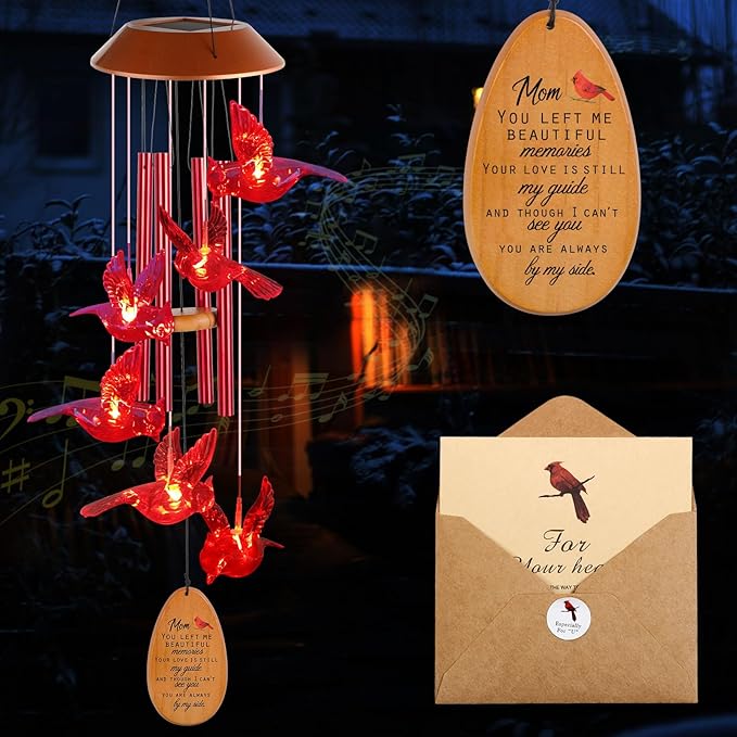 Cardinal Red Bird Solar Wind Chimes - Outdoor Garden Gifts for Mom from Daughter or Son - Mom's Room Decor for Mother's Day, Thanksgiving, Christmas, Birthday