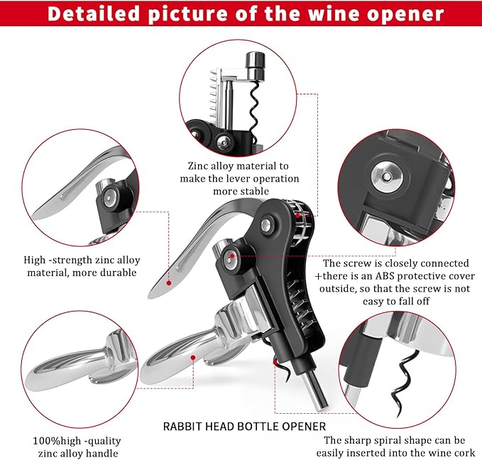 DEMARRE Silver Rabbit Corkscrew Wine Opener, Luxury Wine Bottle Opener, Zinc Alloy Corkscrew Set for All Wines, Includes Opener, Foil Cutter, Wine Stopper Pourer, Drip Ring, Black Gift Box