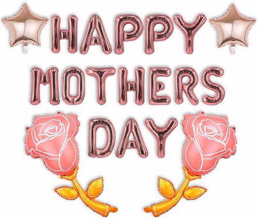 Rose Gold Mothers Day Balloons Foil Happy Mother's Day Balloons Banner Letter Star Pink Rose Balloon for Mother's Day Party Decoration Mama Birthday Supplies Mom Arch Kits Party Balloon Sets-19 Pcs