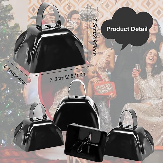 Metal Cow Bell Noise Maker - 3 Inch Pack of 4 - Small Loud Metal Cowbell Noisemaker with Handle - Great for Football Games, Sporting Events, Weddings, New Year's Eve, Birthday Parties