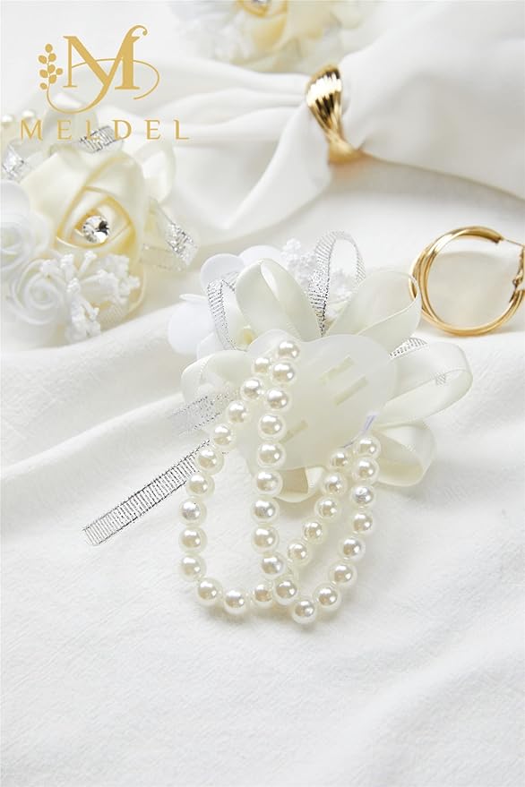 Meldel Beige Wrist Corsage for Prom, 2pcs Champagne Rose Flower Corsages for Bridal Bridesmaid Girl Women, Wrist Flower Set for Wedding Mother of Bride, Hand Flower for Homecoming Anniversary Party