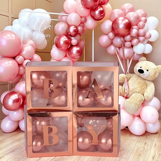 Baby Boxes with Letters for Baby Shower, Gender Reveal Decorations with 4 Transparent Balloon Boxes for Gender Reveal Baby Shower Decorations(Rose Gold)