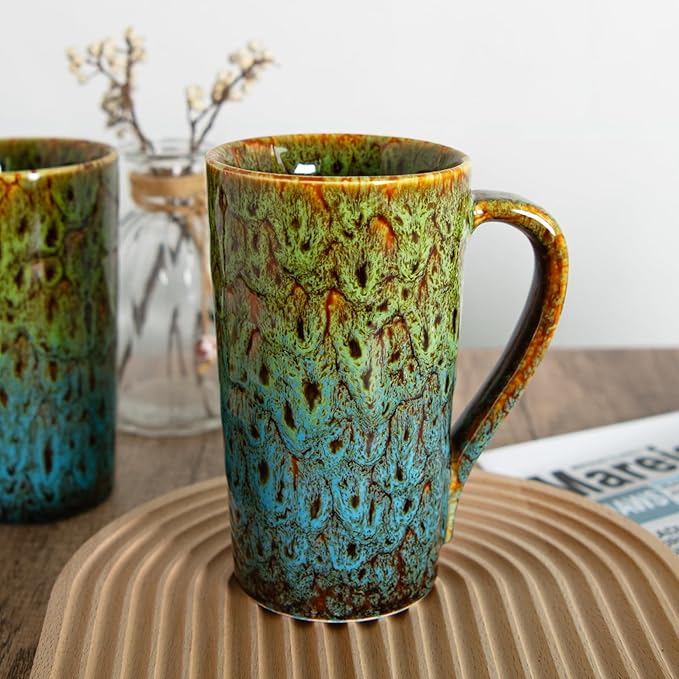 20oz Porcelain Coffee Mugs Set of 2, Large Tall Coffee Mugs with Handles, Modern Ceramic Coffee Cups for Tea, Cocoa, Milk, Gifts for Women Men - Green & Blue