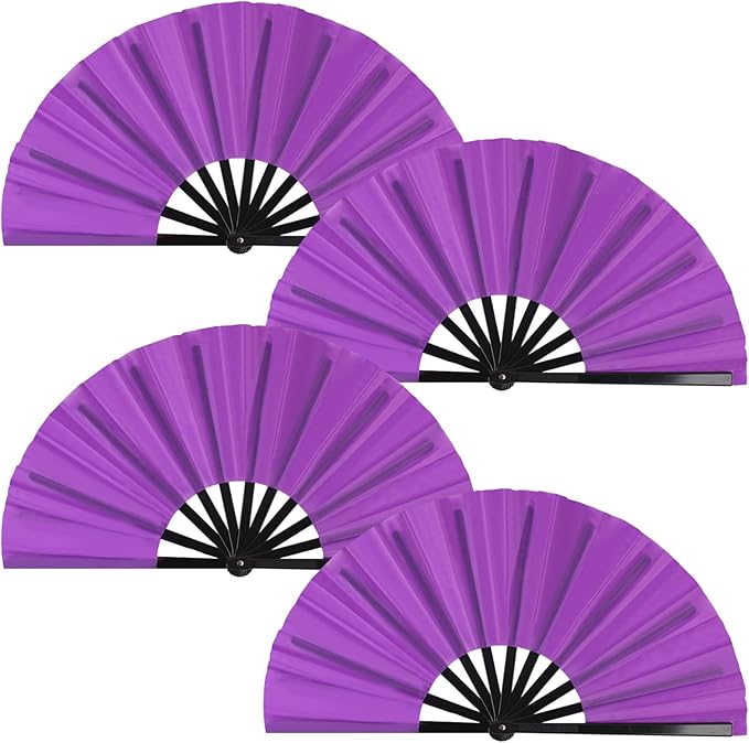 4 Pack Large Folding Hand Fan for Line Dance & Popping, Large Clap Rave Fan Chinese Kung Fu Hand Fan Decorative Folding Fans for Dancing Boots on The Ground(Purple)