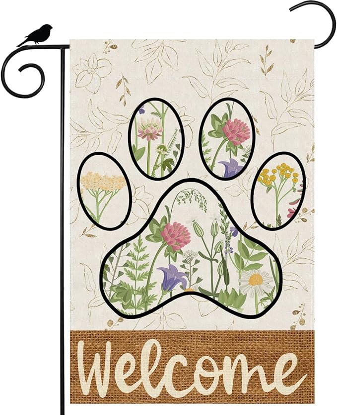 ZAEW Welcome Dog Paw Wildflowers Leaves Spring Garden Flag Summer Seasonal Yard Flag 12x18 Inch Double Sided Small Mini Yard Outdoor Outside Holiday Decoration