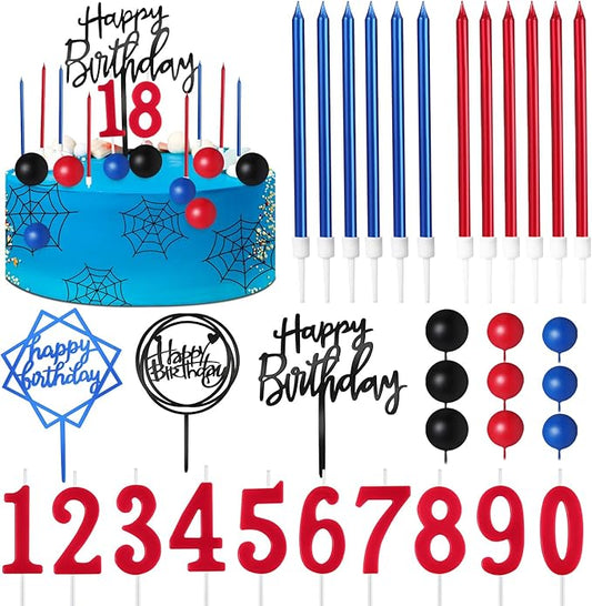Yerliker 34 Pcs Happy Birthday Cake Toppers Decorations Birthday Candles DIY Cake Decor for Men Women Wedding Anniversary(Blue Red Lack)