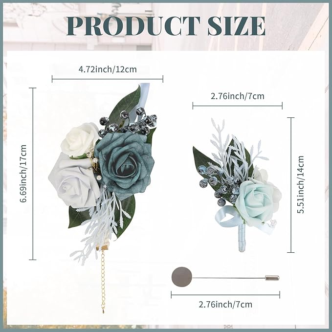 2Pcs Wedding Corsage and Boutonniere Set Blue Rose Corsage Wristlet and Boutonniere for Men Women Groom Bride Bridesmaid Groomsmen Wedding Party Accessory Prom Decoration (Blue)