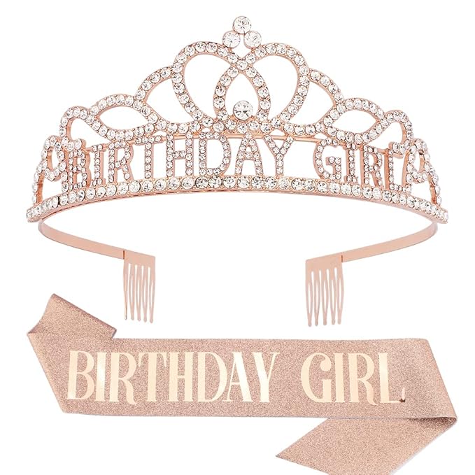 AOPRIE Birthday Crown for Women Birthday Girl Sash for Women Birthday Tiara for Women Birthday Girl Headband Princess Crown Rhinestone Happy Birthday Accessories Rose Gold