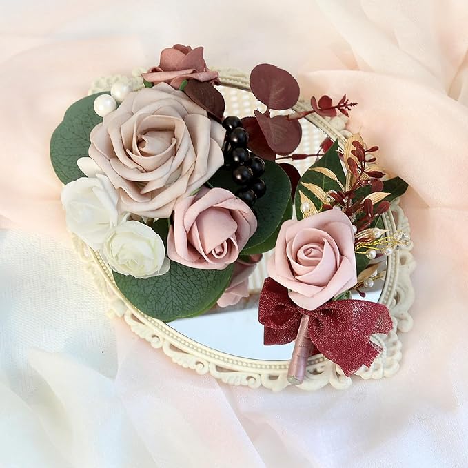 2Pcs Wedding Corsage and Boutonniere Set Dusty Pink Rose Corsage Wristlet and Boutonniere for Men Women Groom Bride Bridesmaid Groomsmen Wedding Party Accessory Prom Decoration (Dusty Pink)