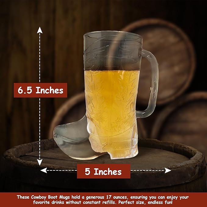 Podzly Cowboy Boot Mugs, 12 Pcs Plastic Drinking Cups, 17 oz, Western Themed Party Decorations, Fun Cowgirl Boot Glasses for Parties, Durable, Reusable