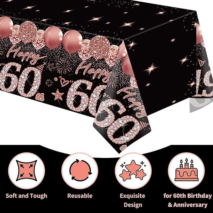 2pcs 60th Birthday Tablecloth, Black Rose Gold 60th Birthday Decorations for Woman Vintage 1966 Table Cloth Plastic Rectangular Table Cover Happy 60 Anniversary Party Supplies