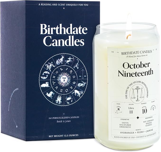 Birthdate Candles, October 19 - Libra Zodiac Scented Candles Birthday Gift - Hydrangea, Peony & Jasmine Scent - All-Natural Soy & Coconut Wax, 60-80 Hour Burn Time - Made in USA