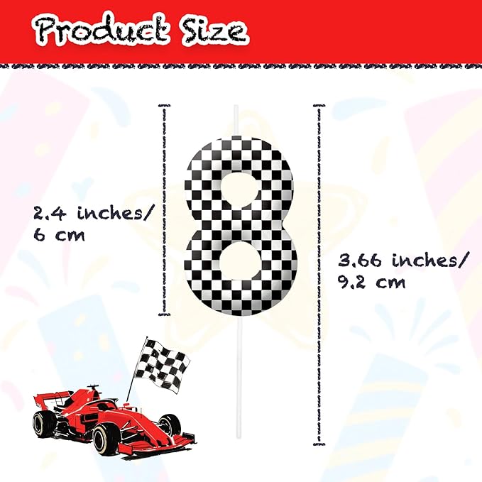 Racing Cars Number 8 Birthday Candles, Black White Checkered Flag Themed Cake Topper for Boys Girls, Cake Decorations for Birthdays, Race Car Theme Party Supplies, Candles for Party Decorations