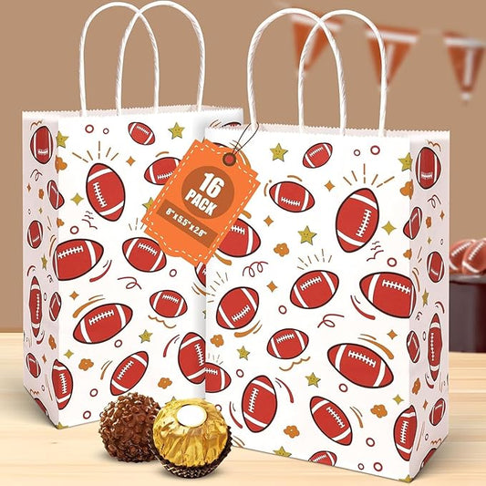 VGOODALL Paper Gift Bags, Football Goodie Bags with Handles, 5.5 x 2.8 x 8 Inches, Pack of 16 for Team Snack kids Birthday Party Favor Supplies