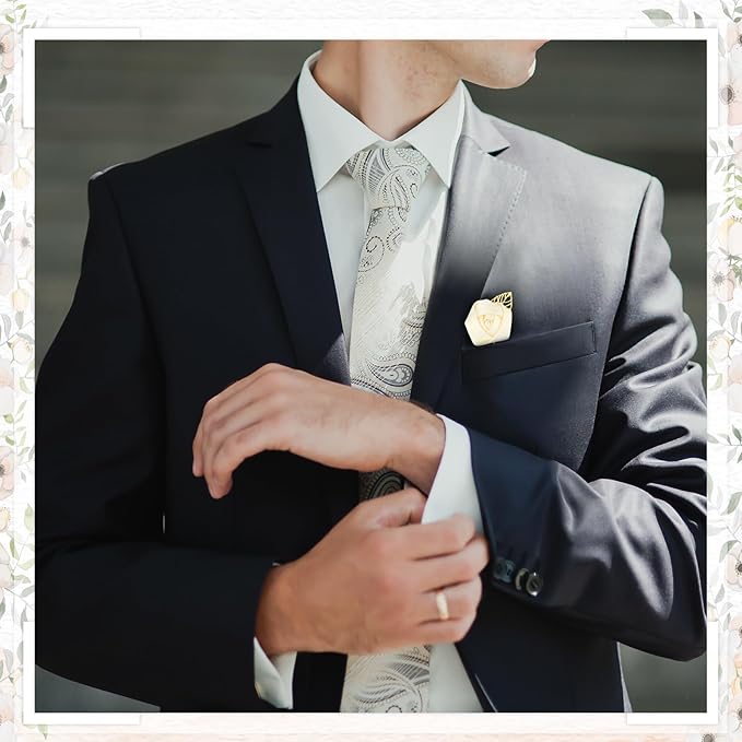 Zeyune 24 Pcs Boutonniere Rose Boutonniere Wedding Buttonholes Pocket for Men Wedding for Prom Party(Cream)