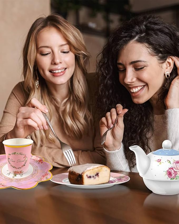 240 Pcs 48 SetsTea Party Supplies Floral Paper Tea Cups and Saucers, Disposable Teacup with Handle, 9'' ＆ 7'' Paper Plate Napkin, for Birthday, Baby Shower, Wedding Decorations