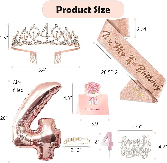 4th Birthday Decorations Girl, Including 4 year old Birthday Cake Topper, Queen Sash with Pearl Pin, Sweet Rhinestone Tiara Crown, Number Candles and Balloons Set, Rose Gold