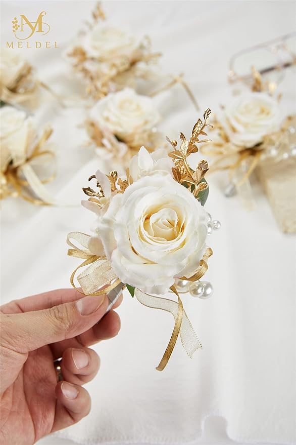 Meldel Champagne Boutonniere for Men Wedding, Set of 6, Groom and Best Man Boutonniere for Wedding Ceremony Anniversary, Formal Dinner Party and Rustic Fall Wedding Prom