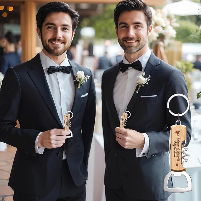 10PCS Personalized Wooden Multifunctional Bottle Opener, Customized Favors Gifts for Wedding Birthday Party, Engraved Bottle Opener Keychains for Guest