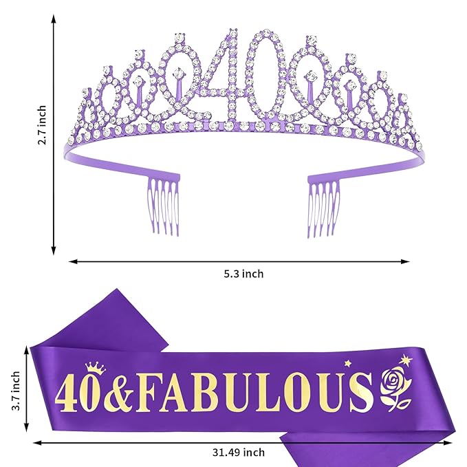 Casoty Purple 40th Birthday Sash and Tiara for Women, 40th Birthday Decorations for Women, 40th Crown and 40 & Fabulous Sash Set, Gifts for Her