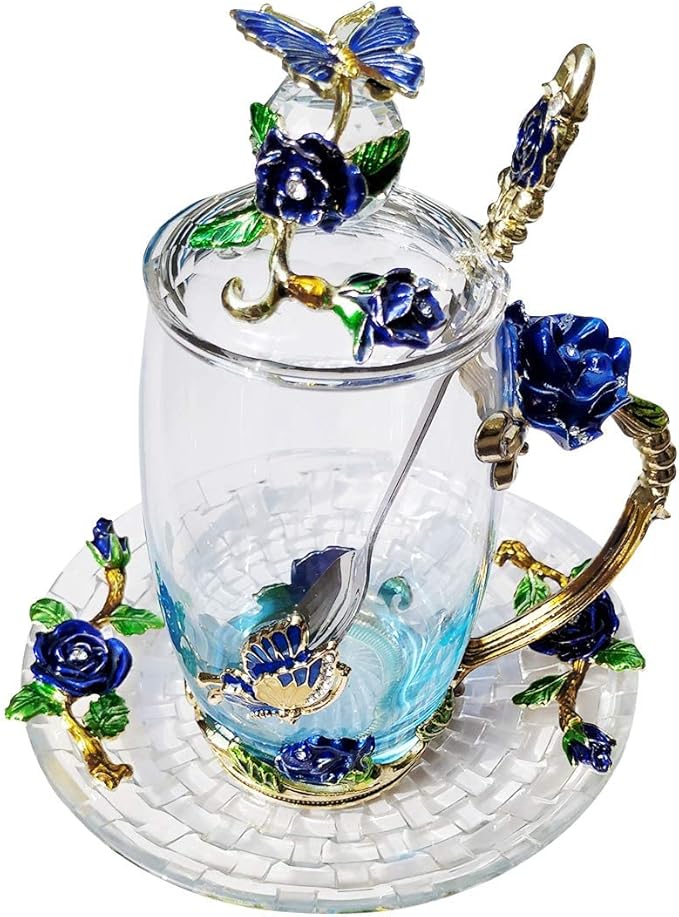 Glass Coffee Mug Birthday Christmas Gift for Women Mom Sister Girlfriend Coworker Flower Butterfly Tea Cup Antique Coffee Mug with Lid Spoon Saucer(Tall Blue)