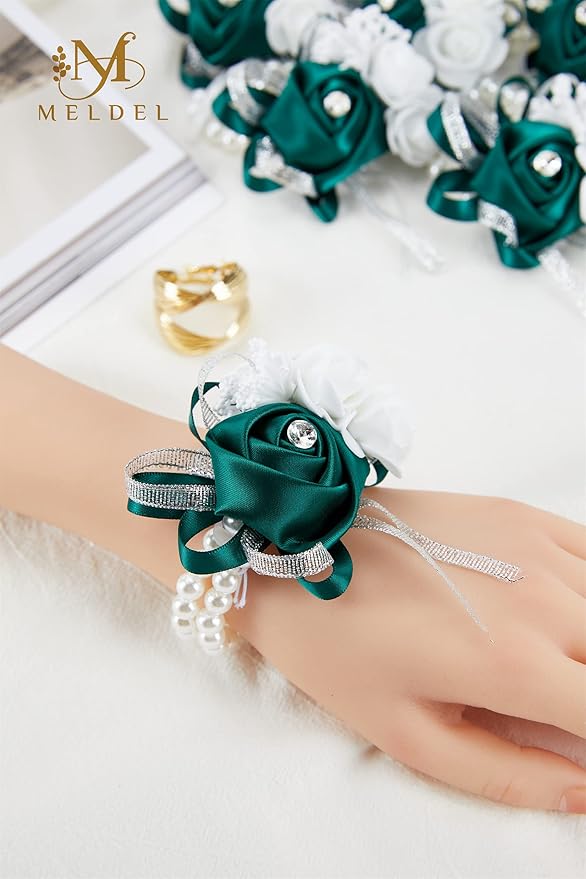 Meldel Wrist Corsage Bracelets for Wedding Mother of Bride and Groom, Green Silk Rose Wrist Hand Prom Flower Ceremony Anniversary,Dinner Party, Homecoming, Set of 6