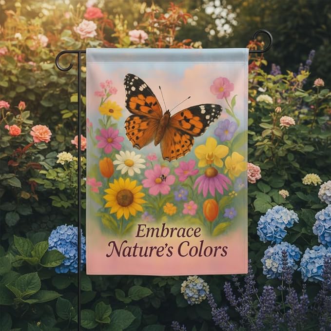 FLAGMEUP8386 Welcome Butterfly Garden Flag 12x18 Inch Double-Sided Polyester Fall Flag with Monarch and Painted Lady on Wildflowers, “Embrace Nature’s Colors Quote Autumn Outdoor Decoration