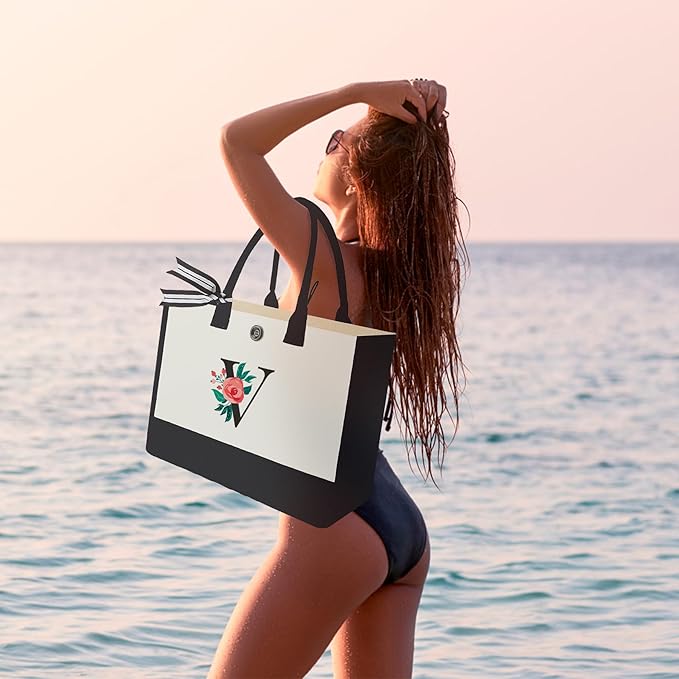 Initial Canvas Tote Bag, Personalized Birthday Gifts for Women Mom Friends Teachers, Monogrammed Tote Bags Suitable for Mother's Day Wedding Beach (Letter V)