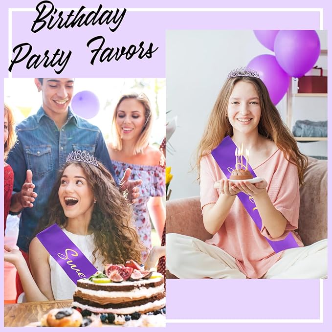 Casoty Purple 16th Birthday Sash and Tiara for Girls, Sweet 16 Party Decorations, Sweet 16 Sash and Tiara Set, 16th Birthday Decorations for Girls