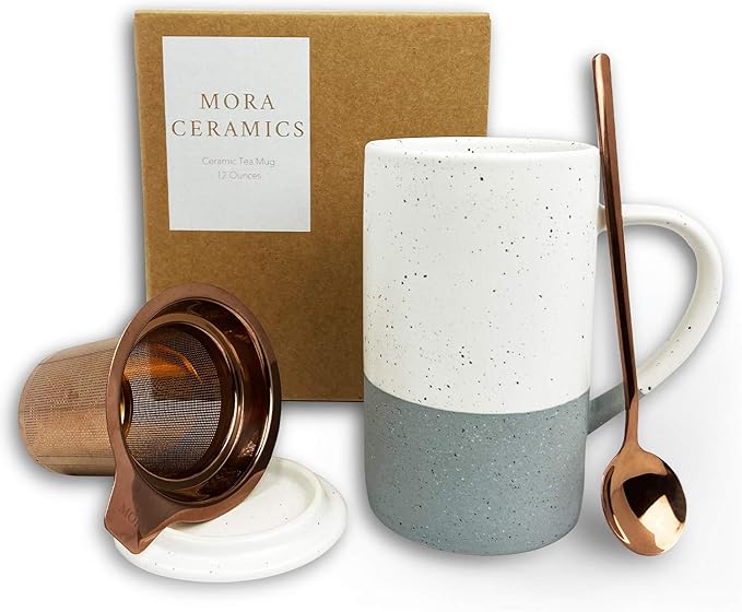 Mora Ceramics Tea Cup with Loose Leaf Infuser, Spoon and Lid, 12 oz, Microwave and Dishwasher Safe Coffee Mug - Rustic Matte Ceramic Glaze, Modern Herbal Tea Strainer - Great Gift for Women, Flint