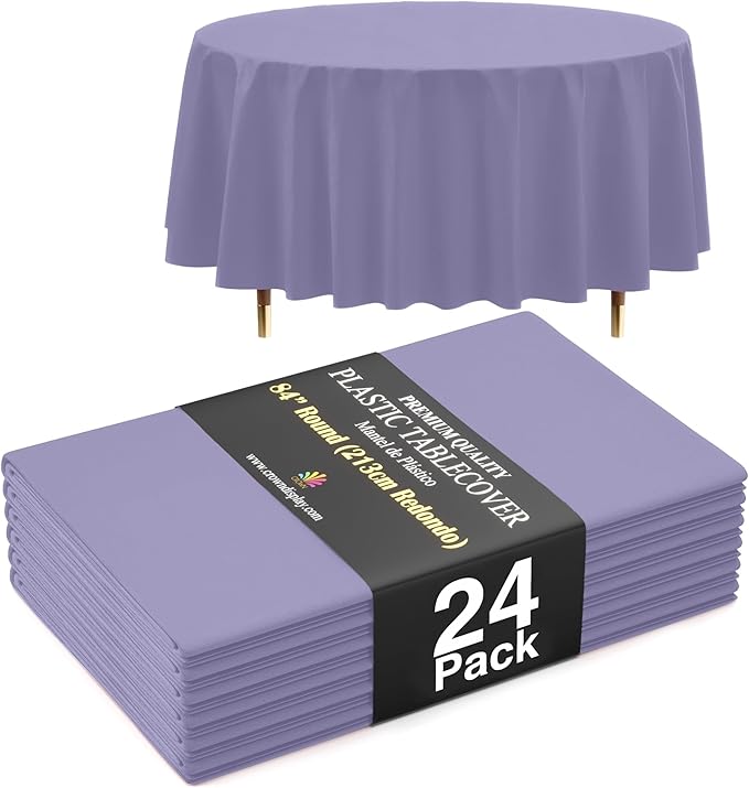 Exquisite 66% Thicker Premium Lavender Round Tablecloth 0.5 Mil 24 Pack Plastic Table Cloth Disposable 84 Inch Round Plastic Tablecloth Won't Tear Easily Like Cheap Thin Brands