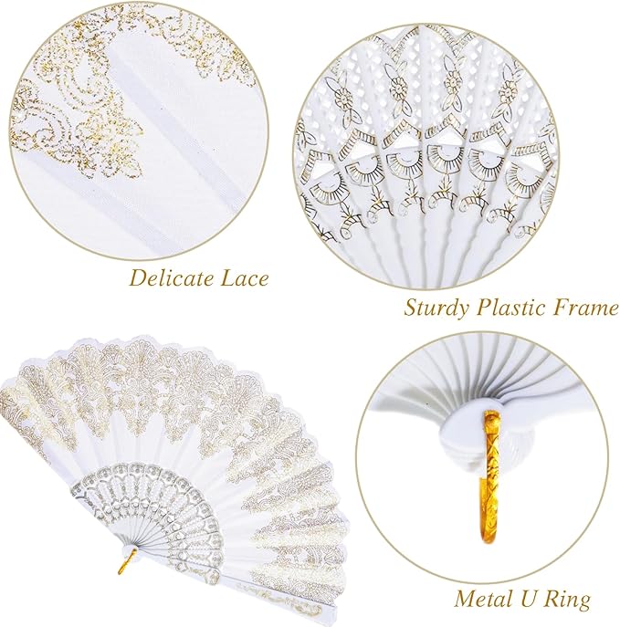 QIRMIZI 30 Pack Folding Handheld Fans,Silk Spanish Fan, Perfect for Weddings, Parties, and Dancing,White