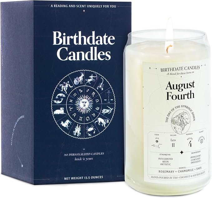 Birthdate Candles, August 4 - Leo Zodiac Scented Candles Birthday Gift - Rosemary, Chamomile & Shea Scent - All-Natural Soy & Coconut Wax, 60-80 Hour Burn Time - Made in USA