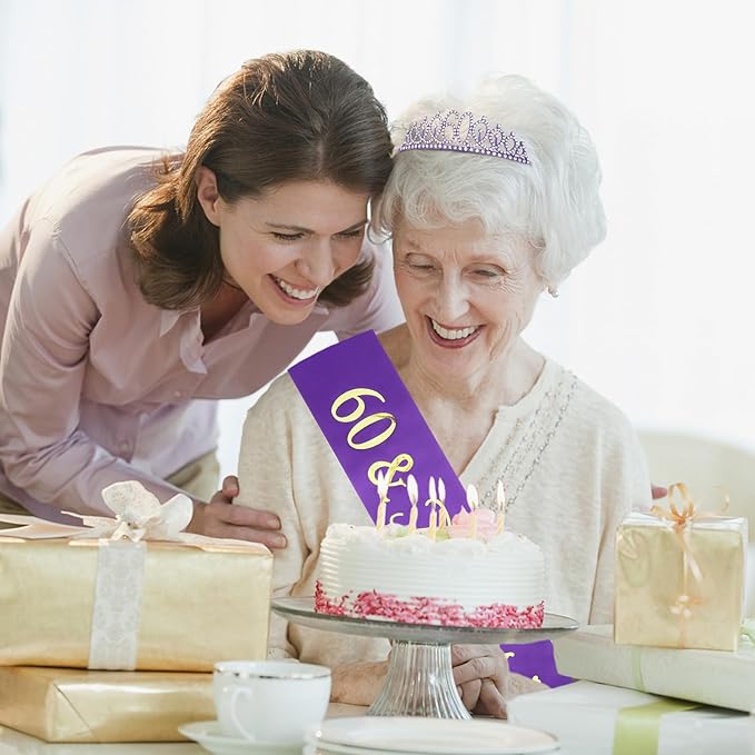 Casoty Purple 60th Birthday Sash and Tiara, 60th Birthday Party Decorations for Women Crown and 60 & Fabulous Sash, Party Supllies Favors for Women Gifts for Her