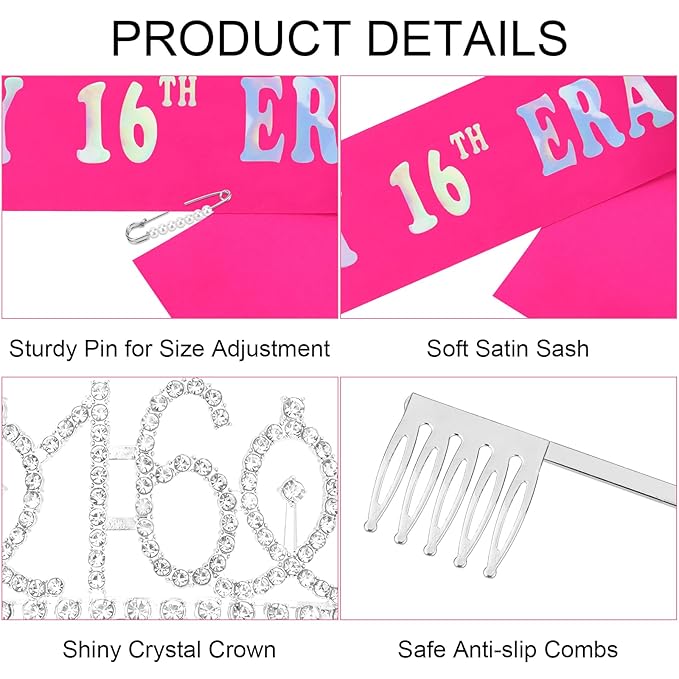 Casoty 16th Birthday Sash and Tiara, 16th Birthday Decorations for Girls, It's my 16th Birthday Sash and Crown Set, Party Favors Sweet 16 Decorations Gifts for Her